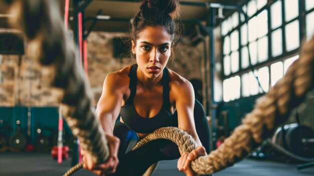 sports woman doing battle ropes in the gym