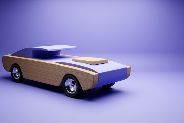 モノクロの背景にスポーツ木製紫色のカーレースのデザイン。 3Dイラスト