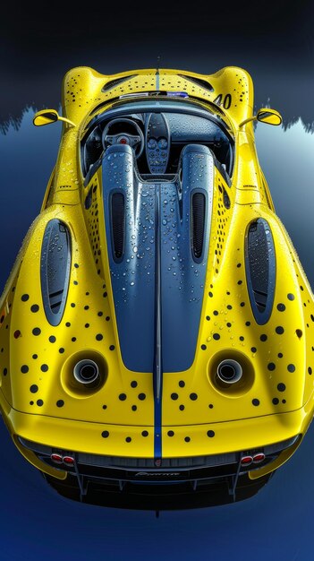 Photo a sportscar full view illustration yellow with rain drop and blue background water drop fresh wallpaper photography