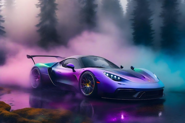Многоцветный туман, украшенный спортивным автомобилем, запечатлен в потрясающей фотографии, созданной Ai