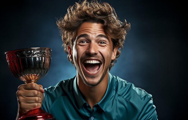 스포츠 컵으로 승리를 축하하는 스포츠맨은 매우 행복해 보입니다.