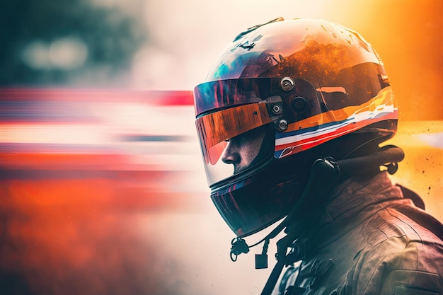 Photo sportsman in helmet involved in auto race with blurred background racing double exposure