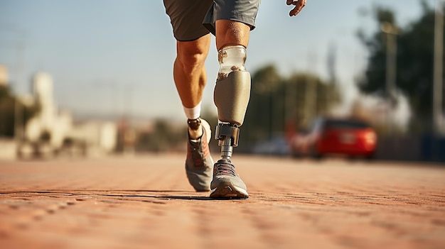 Photo sportsman jogging with prosthetic leg generative ai