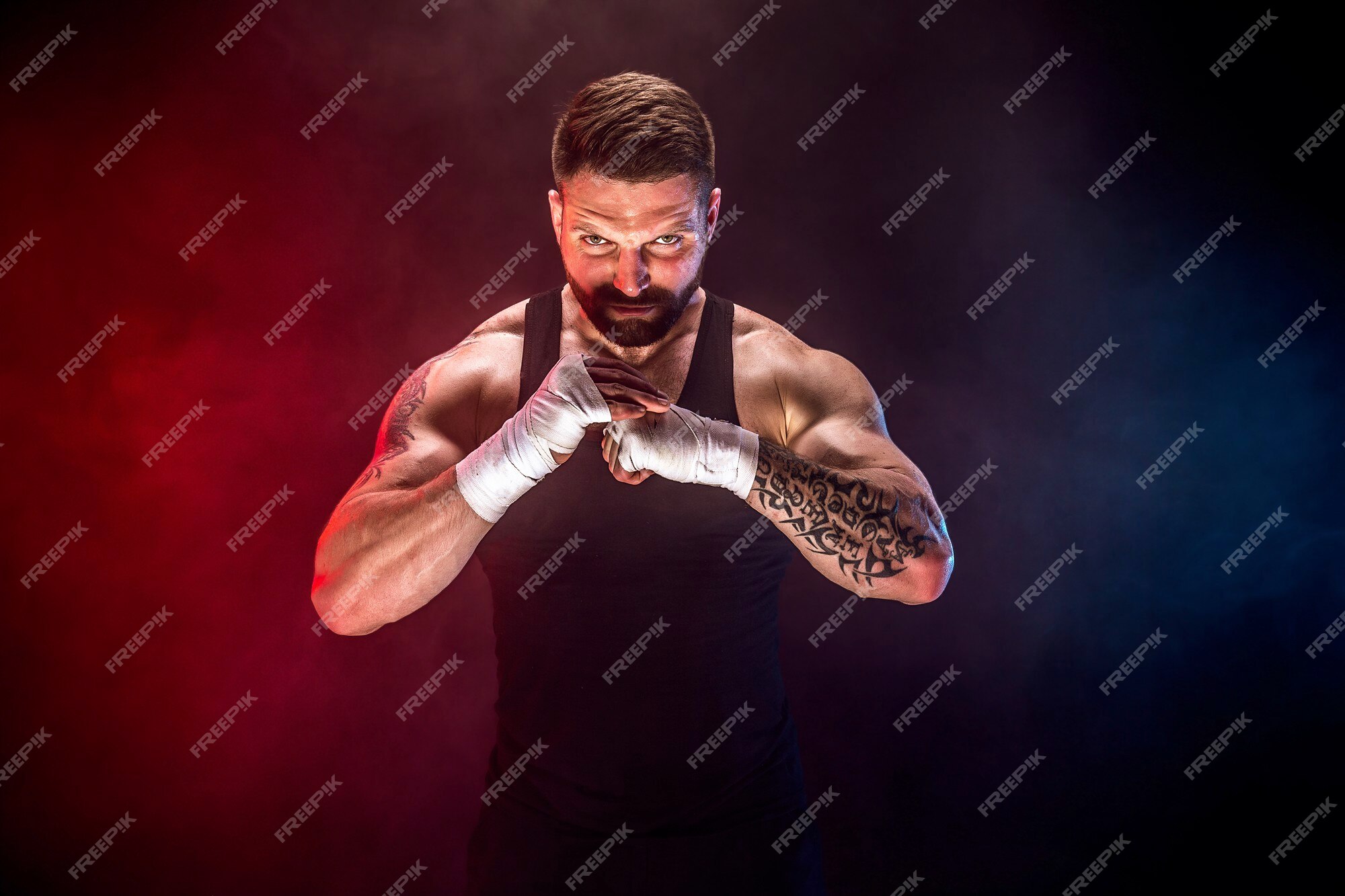 Sportsman Muay Thai Boxer Celebrating Flawless Victory in Boxing Cage.  Isolated on Black Background with Smoke. Copy Stock Image - Image of  people, handsome: 91121441