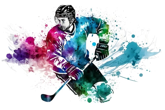 Sportsman playing hockey on watercolor rainbow splash Neural network generated art