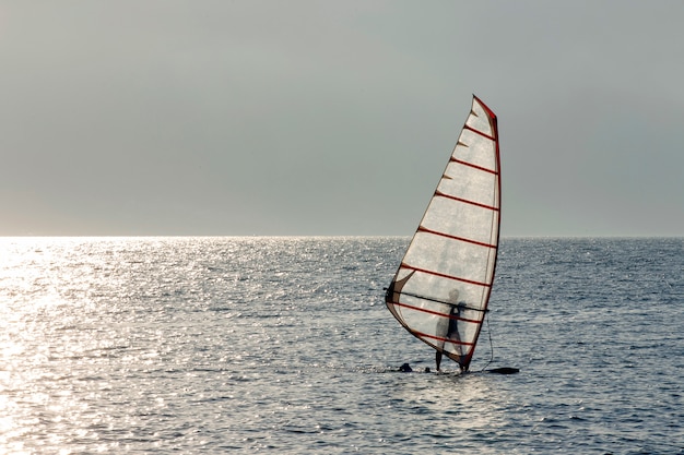 Sportsman practicing windsurfing at sunset