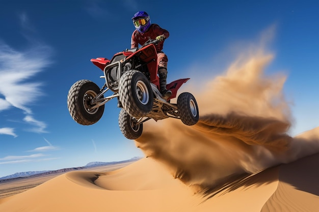 사막의 모래 언덕에서 ATV 차량을 타는 스포츠맨 생성 AI