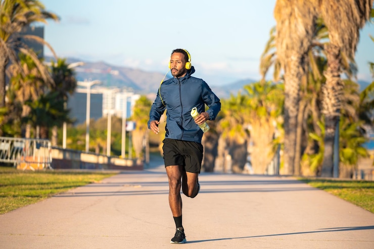 Photo sportsman running through the streets of the city holding a bottle of water