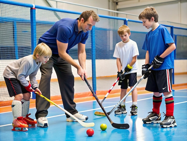 Foto uno sportivo che insegna hockey su pista