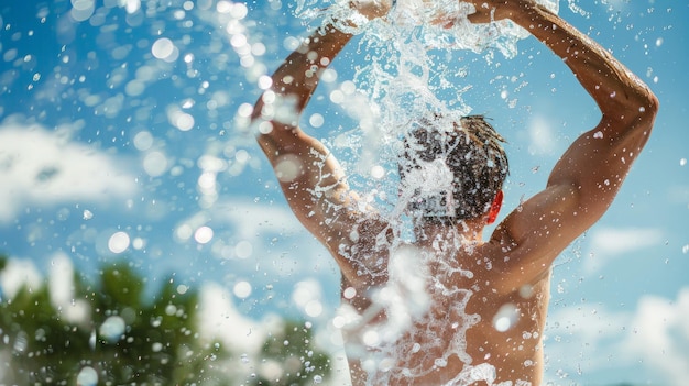 sportsman throwing water over his head for refreshment