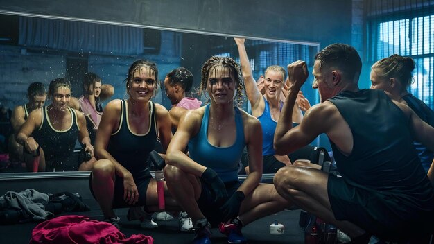 Photo sportspeople in dark studio after training