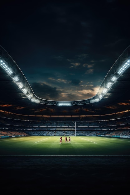 Foto sportstadion met rugbyveld en spelers gemaakt met behulp van generatieve ai-technologie