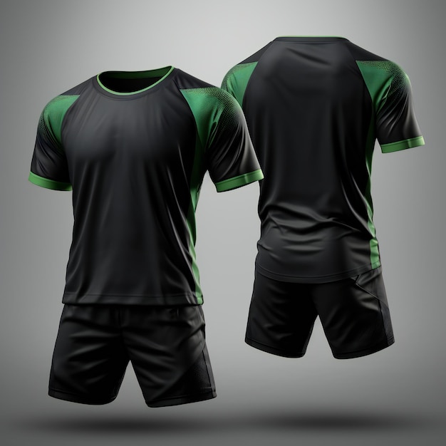 Photo sportswear evolution mockup of black and green tshirt shorts front and back side