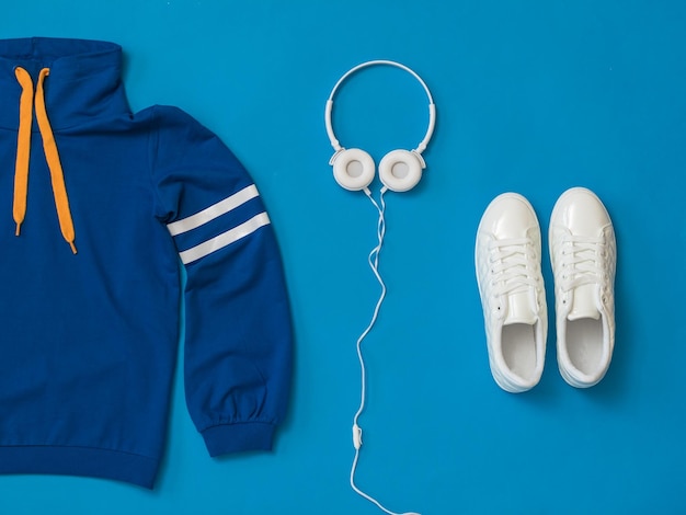 Sportswear and shoes with headphones on a bright blue background Sports lifestyle accessories