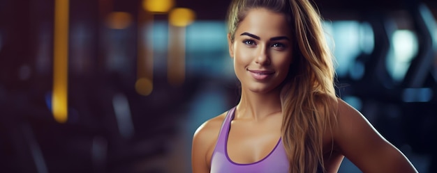 Sportswoman in purple Tshirt in a fitness club