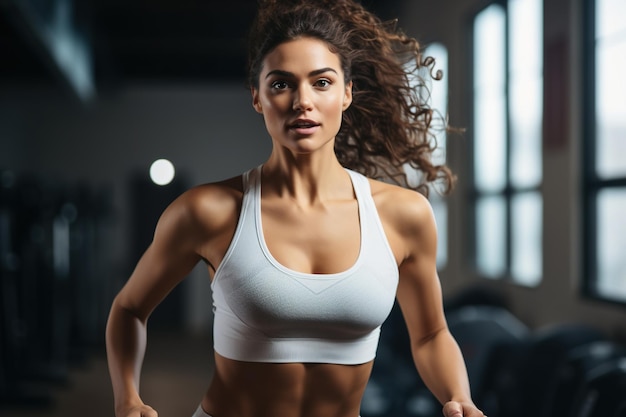 Sportswoman running and doing strength training in a studio