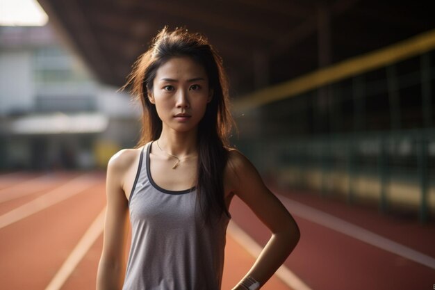 Photo sportswoman running on a track