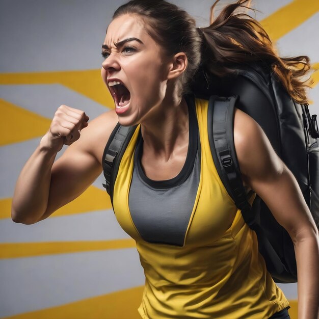 Sportswoman with gym backpack on yellow studio screaming very angry and aggressive