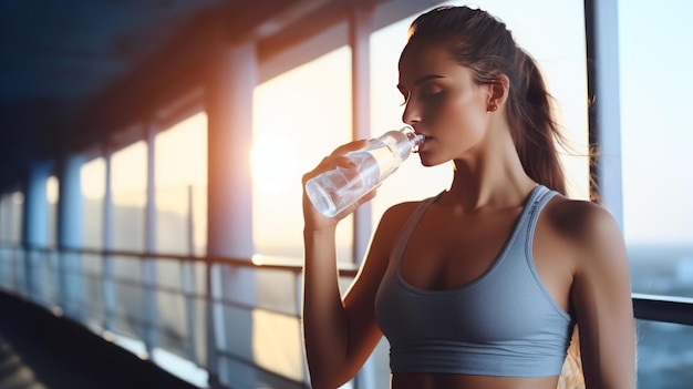 Sportvrouw drinkt zuiver water na workout