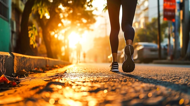 Foto sportvrouw loopt in haar sneakers door de stad met zonlicht voor haar