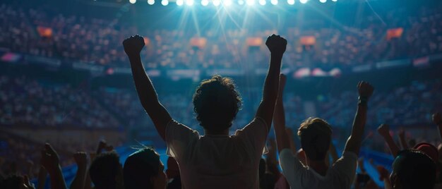 Foto sportwedstrijd achtergrondbeeld van tennisfans die hun favoriete voetbalteam juichen in een druk stadion