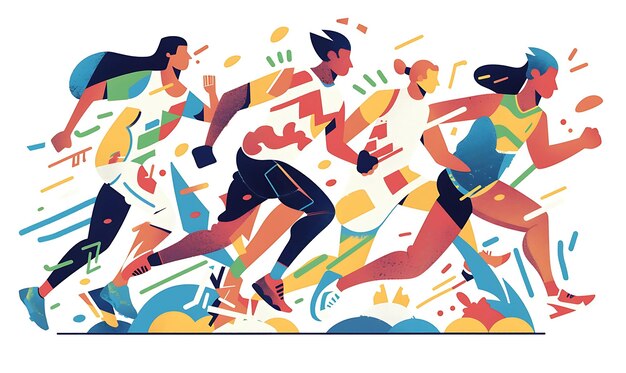 Photo sporty athlete with characters running and jumping design is 2d flat diverse job banner poster art