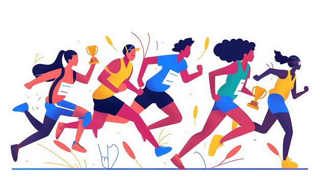 Photo sporty athlete with characters running and jumping design is 2d flat diverse job banner poster art