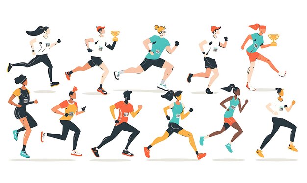 Photo sporty athlete with characters running and jumping design is 2d flat diverse job banner poster art