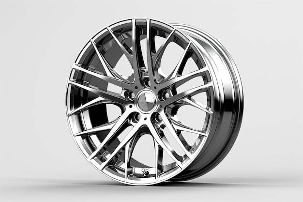 A sporty car wheel rim with a pure white background