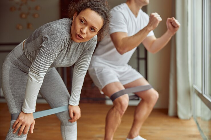 Sporty couple doing powerful workout at home