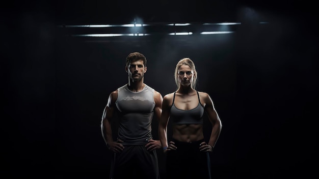 Photo sporty couple presenting in dark light