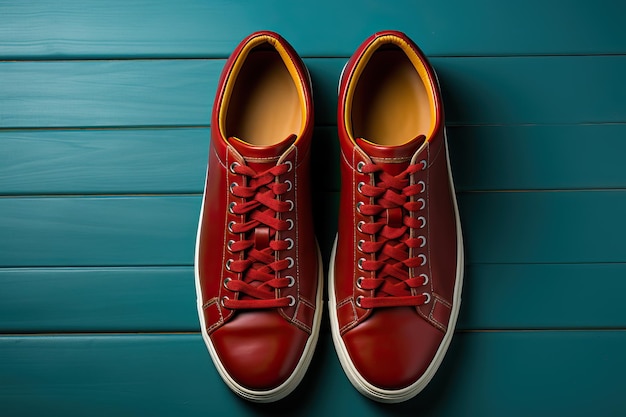 Foto eleganza sportiva scarpe basse di pelle rossa su pavimento di legno blu