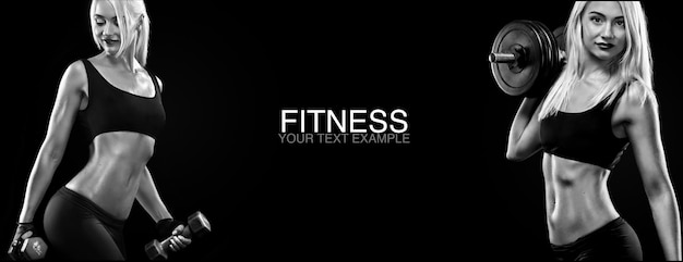 Sporty en fit blonde vrouw met dumbbell oefenen op zwarte achtergrond om fit te blijven Workout en fitness motivatie