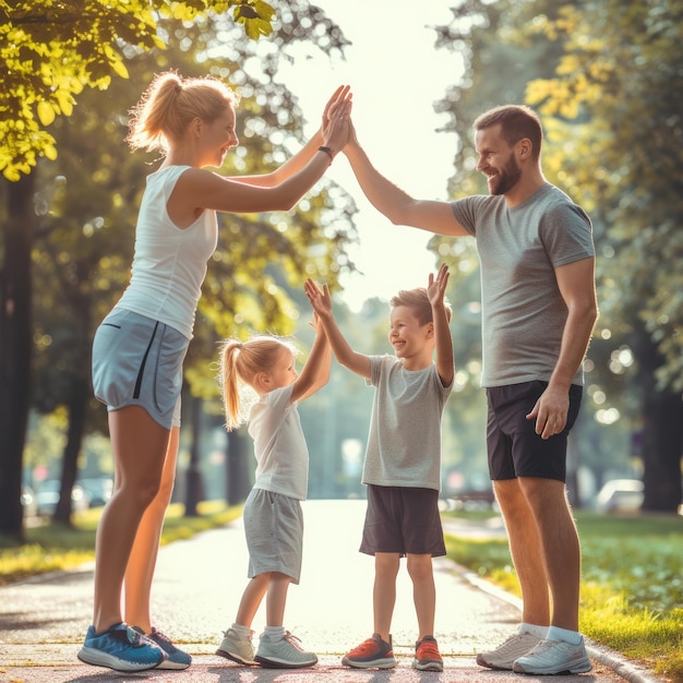 Sporty family Active young family with two children highfives each other after workout outdoors Mom dad and their son and daughter show unity and support by playing sports in city park in morning