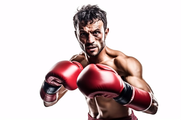 Sporty fit latin man during boxing exercise making hit Boxer isolated on white background Strength and motivation Generative Ai