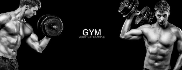 Photo sporty and fit man with dumbbell exercising at black background to stay fit workout and fitness motivation