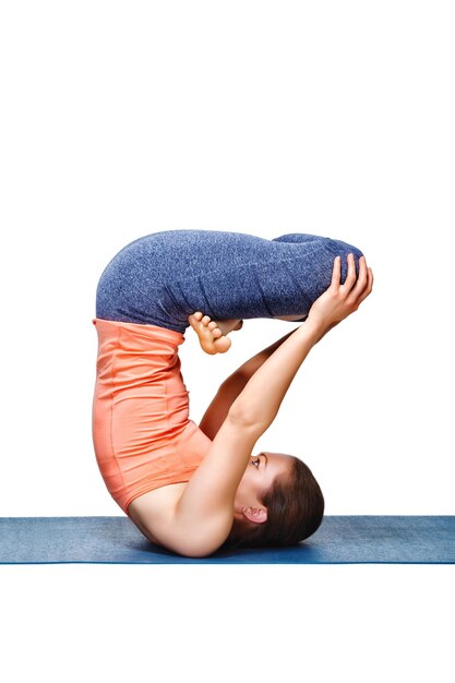 Photo sporty fit yogini woman practices inverted yoga asana