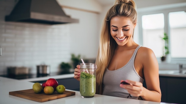 Sporty girl on a diet made a smoothie in the kitchen