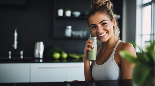 Sporty girl on a diet made a smoothie in the kitchen