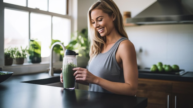 Sporty girl on a diet made a smoothie in the kitchen