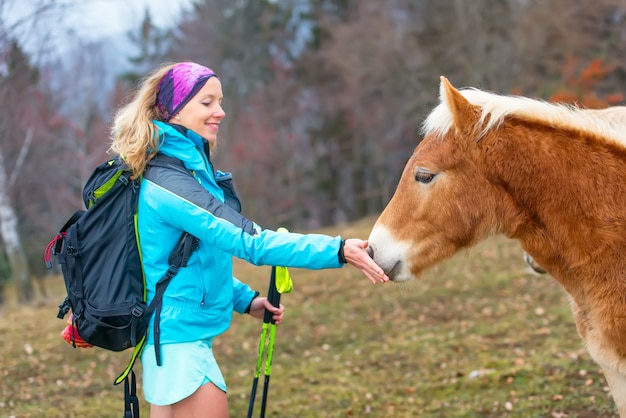 スポーティな女の子が草を与えて馬を食べる