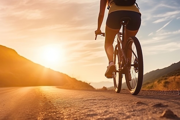 スポーティな女の子がほこりっぽい道で自転車に乗る健康的なライフスタイルのコンセプト