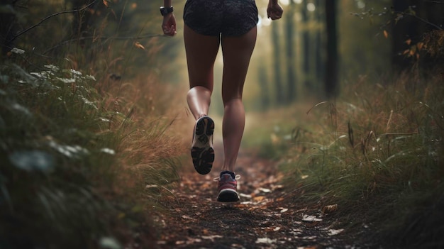 Sporty girl running on a forest trail for health and fitness AI generated image