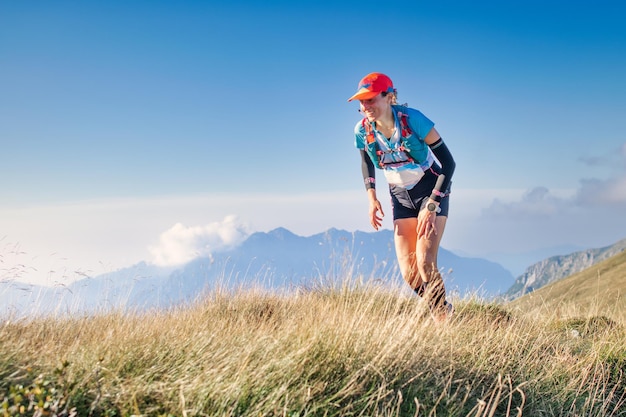 A sporty girl during an ultra trail running