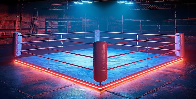 Sporty glow illuminated center in a professional modern boxing ring