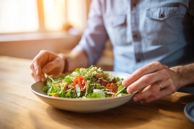 Photo sporty man prefers healthy vegetarian salad at home