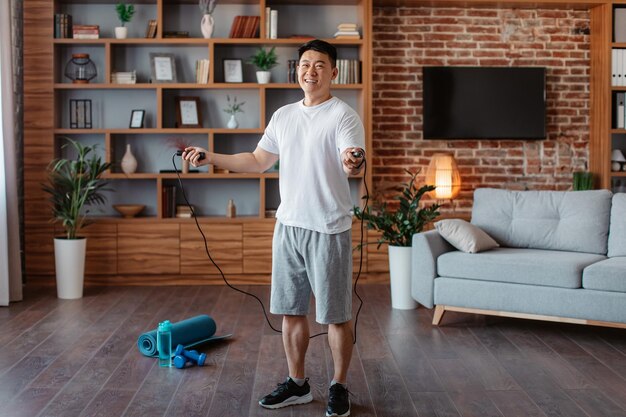 Sporty middle aged man with jumping rope exercising at home doing domestic training in living room full length