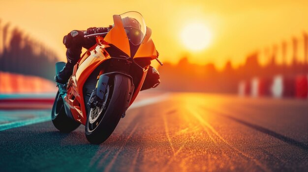 A sporty orange motorcycle stands on the track against the sunset AI generative