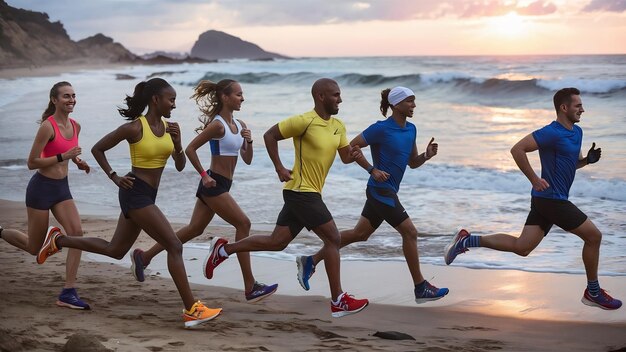 Sporty people running on sea coast