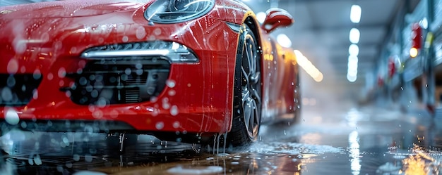 Sporty Red Car Glistening under the Water Pressure of a Car Wash Concept Car Photography Automotive Detailing High Pressure Water Shiny Red Paint Sporty Car Wash